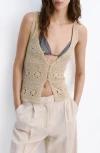 Mango Crocheted Button Front Vest In Neutral
