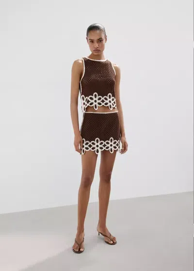Mango Crocheted Skirt With Floral Embroidery In Brown