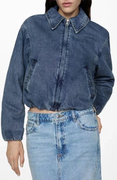 Mango Crop Zip Lined Denim Bomber Jacket In Medium Blue
