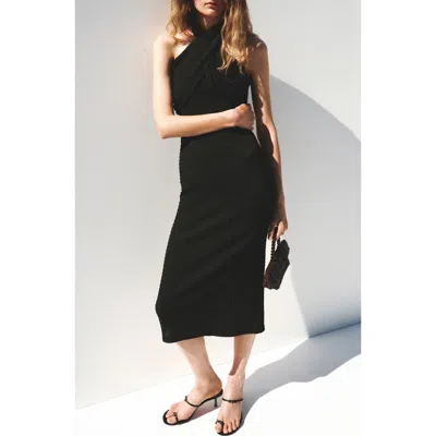 Mango Crossed Halter Midi Dress With Slit In Black