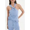 Mango Crossed Strap Denim Top In Blue