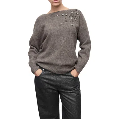 Mango Crystal Detail Boat Neck Sweater In Brown