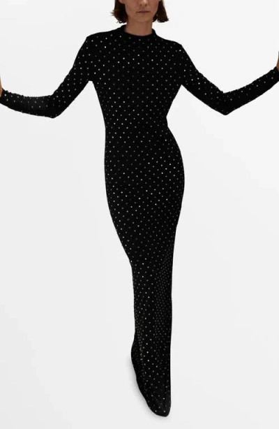 Mango Crystal Embellished Long Sleeve Maxi Dress In Black