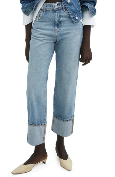 Mango Cuff Wide Leg Jeans In Medium Blue