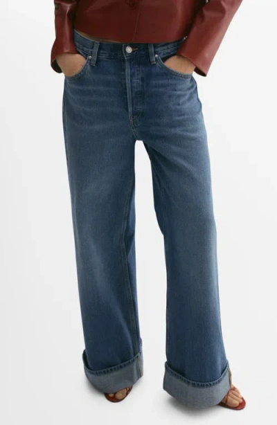 Mango Cuffed Wide Leg Jeans In Medium Blue