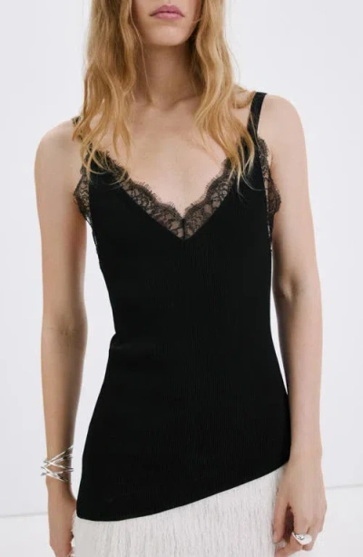 Mango Curcuma Lace Detail Asymmetric Knit Top In Black