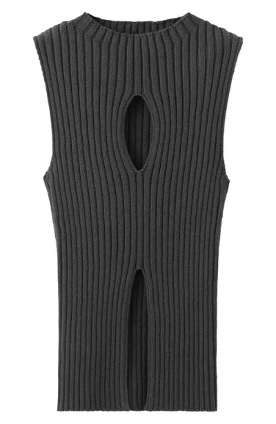 Mango Cutout Sleeveless Cotton Blend Rib Top In Gray