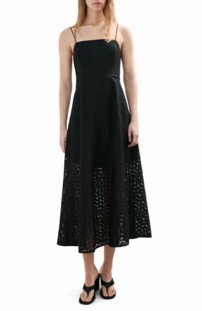 Mango Cutwork Embroidery Midi Dress In Black
