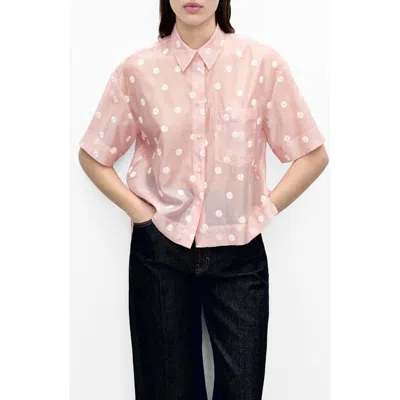 Mango Daisy Embroidered Short Sleeve Button-up Shirt In Pink