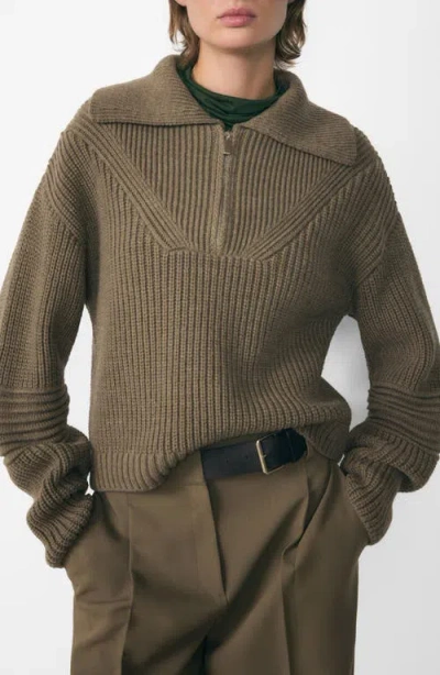 Mango Demy Collar Half Zip Rib Sweater In Khaki Green