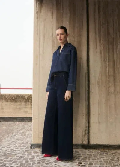 Mango Denim Cotton Shirt Dark Blue In Bleu Foncé