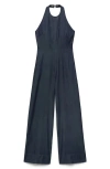 Mango Denim Halter Jumpsuit In Blue