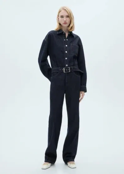 Mango Denim Jumpsuit Belt Open Blue