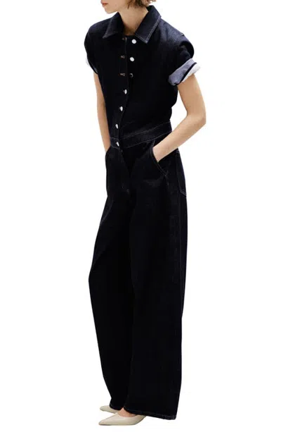 Mango Denim Short Sleeve Button Up Jumpsuit In Blue