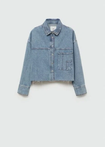 Mango Denim Overshirt With Frayed Hem Medium Blue In Bleu Moyen