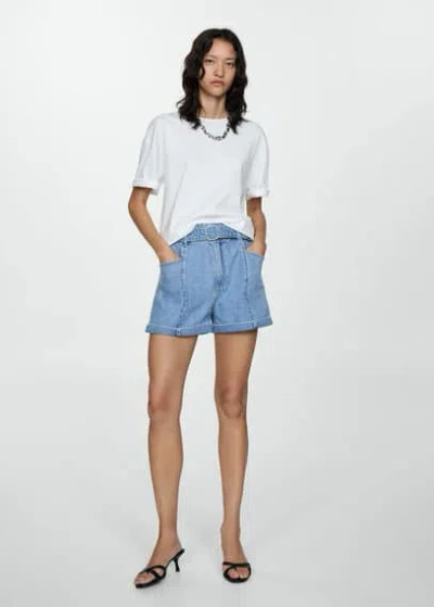Mango Short En Jean Ceinture In Medium Blue