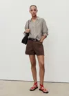 Mango Denim Shorts With Frayed Hem And Pleats Chocolate
