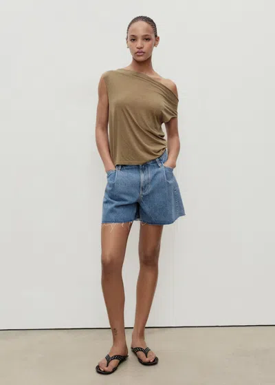 Mango Denim Shorts With Frayed Hem And Pleats Medium Blue