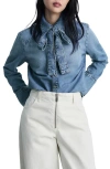 Mango Denim Tie Neck Button-up Shirt In Medium Blue