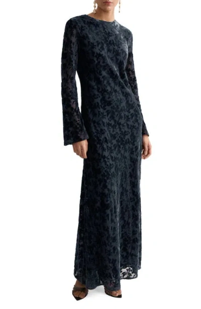 Mango Devor Burnout Long Sleeve Maxi Dress In Black