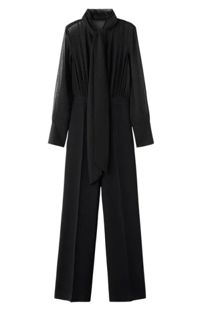 Mango Diamante Detail Mixed Media Long Sleeve Jumpsuit In Black