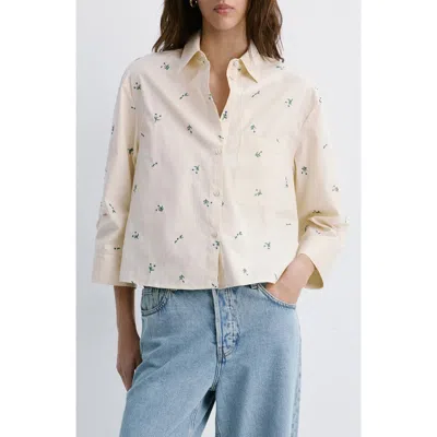 Mango Ditsy Floral Embroidered Button-up Cotton Shirt In Neutral