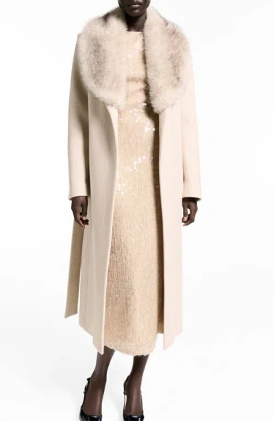 Mango Dolce Wool Blend Wrap Coat With Removable Faux Fur Collar In Neutral