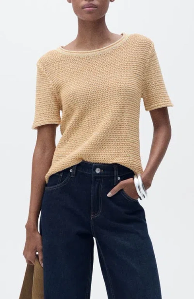 Mango Dorae Textured Short Sleeve Sweater In Medium Brown