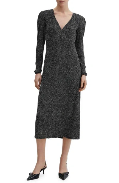 Mango Dot Split Neck Long Sleeve Dress In Black