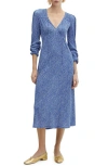 Mango Dot Split Neck Long Sleeve Dress In Blue