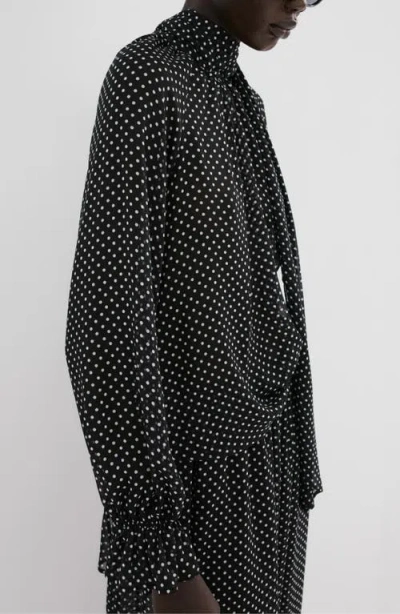 Mango Dot Tie Neck Top In Black