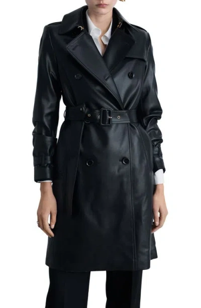 Mango Double Breasted Belted Faux Leather Trench Coat In Black