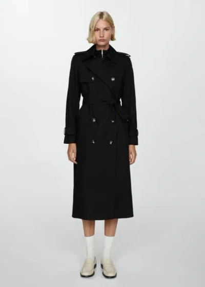Mango Double-breasted Cotton Trench Coat Black In Noir