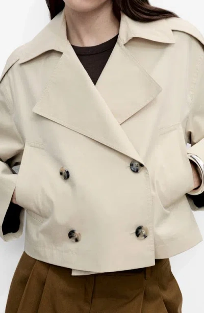 Mango Double Breasted Crop Trench Coat In Light/pastel Grey