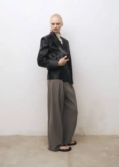 Mango Double-breasted Cropped Leather Blazer Black