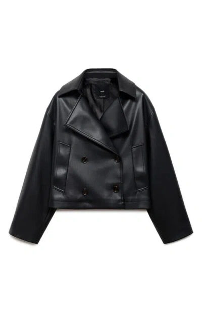 Mango Double Breasted Faux Leather Jacket In Black