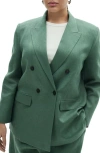 Mango Double Breasted Linen Blazer In Medium Green
