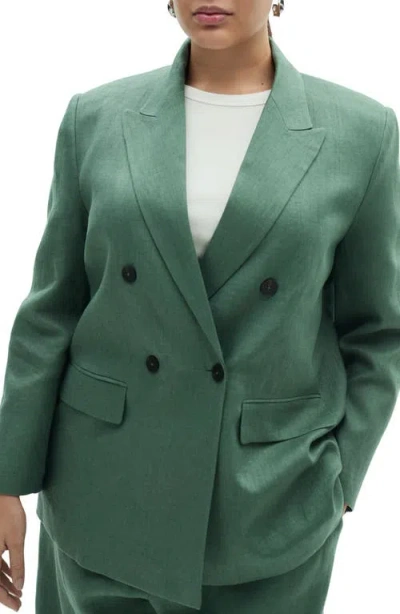 Mango Double Breasted Linen Blazer In Medium Green