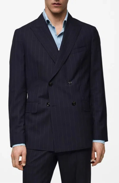 Mango Double Breasted Pinstripe Virgin Wool Blazer In Blue