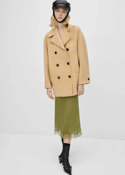 Mango Double Breasted Virgin Wool Coat Medium Brown