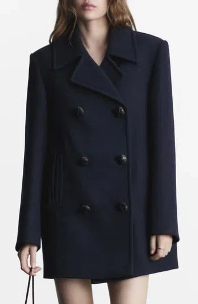 Mango Double Breasted Wool Blend Coat In Dark Navy