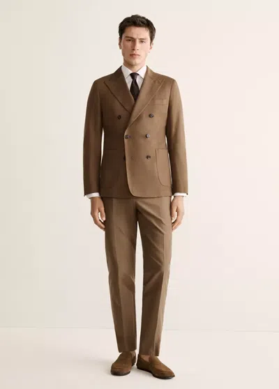 Mango Double-breasted Lyocell And Cotton Suit Jacket In Tobacco Brown