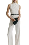 Mango Long Jumpsuit With Draped Neck And Belt Off White In Gray