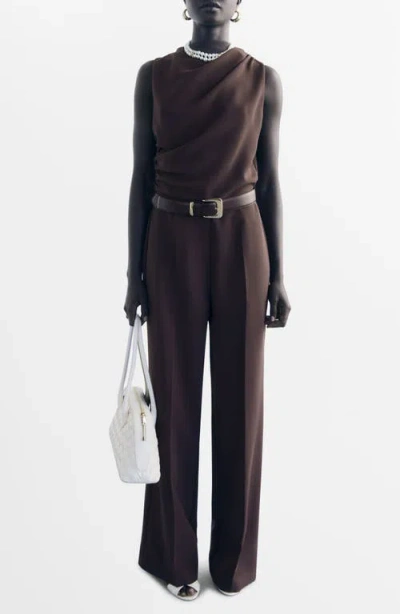 Mango Drape Belted Wide Leg Jumpsuit In Brown