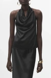 Mango Drape Halter Neck Satin Top In Black