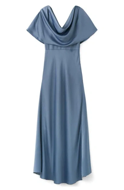 Mango Drape Neck Satin Maxi Dress In Blue