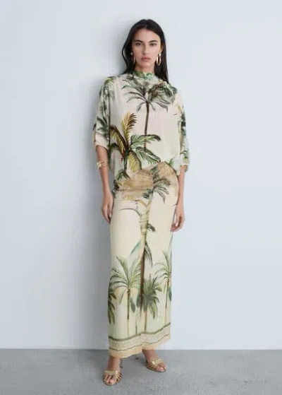Mango Draped Cape With Tropical Print Ecru