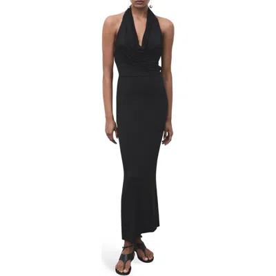 Mango Draped Cowl Neck Halter Dress In Black