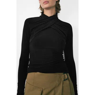 Mango Draped Cross Neck Long Sleeve Top In Black