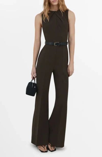 Mango Draped Detail Belted Wide Leg Jumpsuit In Brown